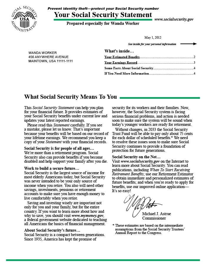 A sample of the Social Security Statement as it appeared in 2012, page 1