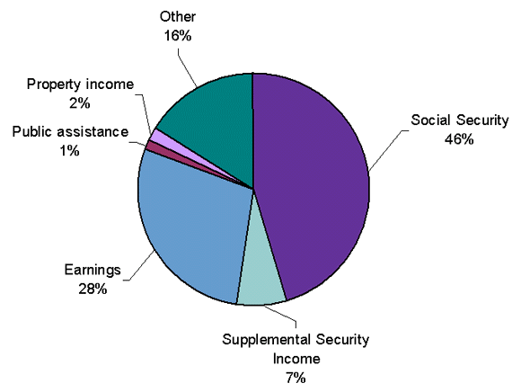 Pie chart with 6 slices. Four slices described in following paragraph. Two slices show 2 percent of their income comes from property income and 16 percent from other. The Social Security slice equals 46%.