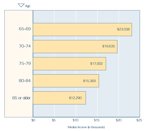Bar chart showing median income by age: age 65 to 69, $23,038; age 70 to 74, $19,635; age 75 to 79, $17,002; age 80 to 84, $15,369; and age 85 or older, $12,290.